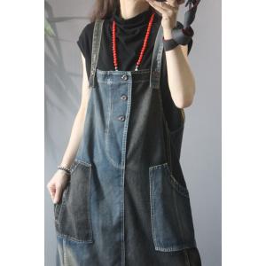 Black Contrast Button Down Denim Dress Overall A-Line Dress