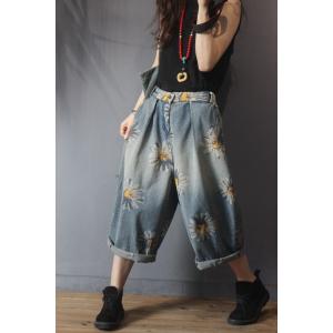Summer Sunflowers Copped Pants Baggy Wide Leg Jeans