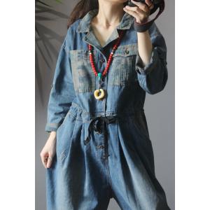 Drawstring Waist Camo Jumpsuits Denim Cargo Pants for Women