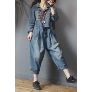 Drawstring Waist Camo Jumpsuits Denim Cargo Pants for Women