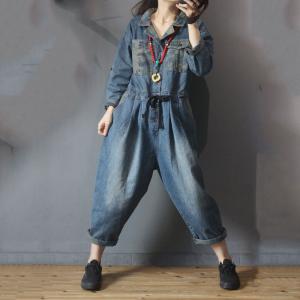 Drawstring Waist Camo Jumpsuits Denim Cargo Pants for Women