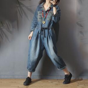 Drawstring Waist Camo Jumpsuits Denim Cargo Pants for Women