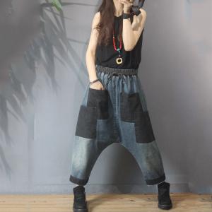 Black Pockets Drawstring Harem Pants Baggy Korean Jeans