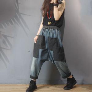 Black Pockets Drawstring Harem Pants Baggy Korean Jeans