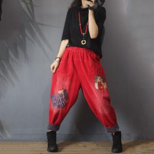 Printed Patchwork Solid Color Pants Vintage Corduroy Trousers