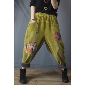 Printed Patchwork Solid Color Pants Vintage Corduroy Trousers