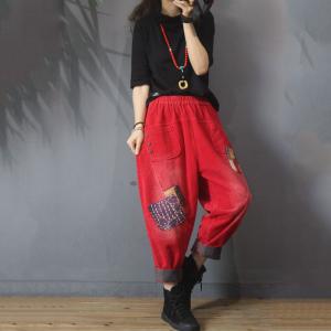 Printed Patchwork Solid Color Pants Vintage Corduroy Trousers