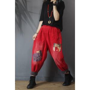 Printed Patchwork Solid Color Pants Vintage Corduroy Trousers