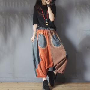 Denim Patchwork Plus Size Harem Pants Corduroy Balloon Pants