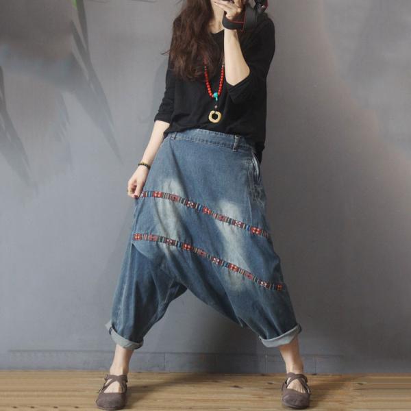 Ethnic Patchwork Hippie Jeans Baggy Denim Harem Pants in Blue One