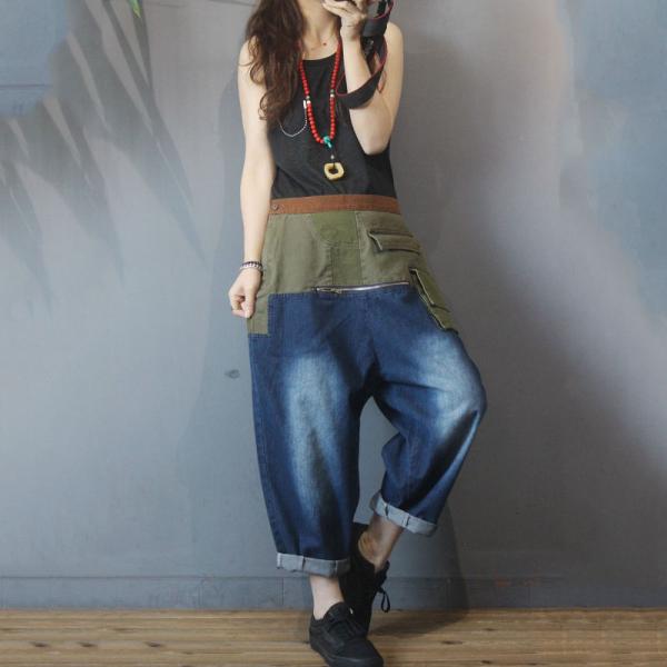 Green Contrast Flap Pockets Baggy Jeans for Women