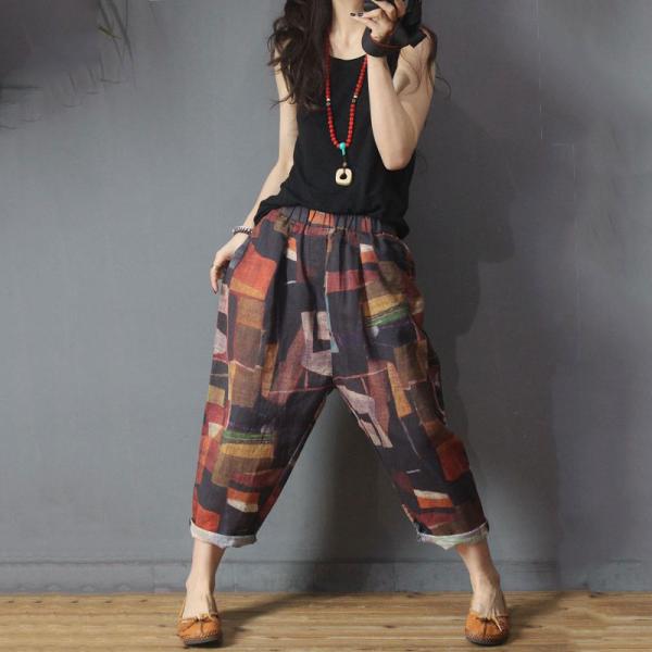 Summer Fashion Printed Loose Pants Cotton Linen Vintage Trousers