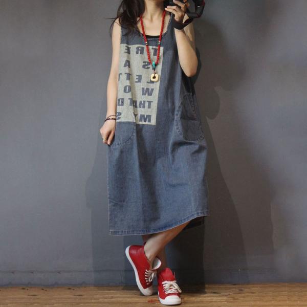 U-Neck Letter Pattern Sleeveless Dress Summer Denim Dress