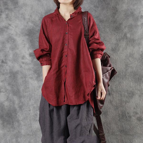 Dark Red Linen Blouse Long Sleeve Oversized Flax Clothing