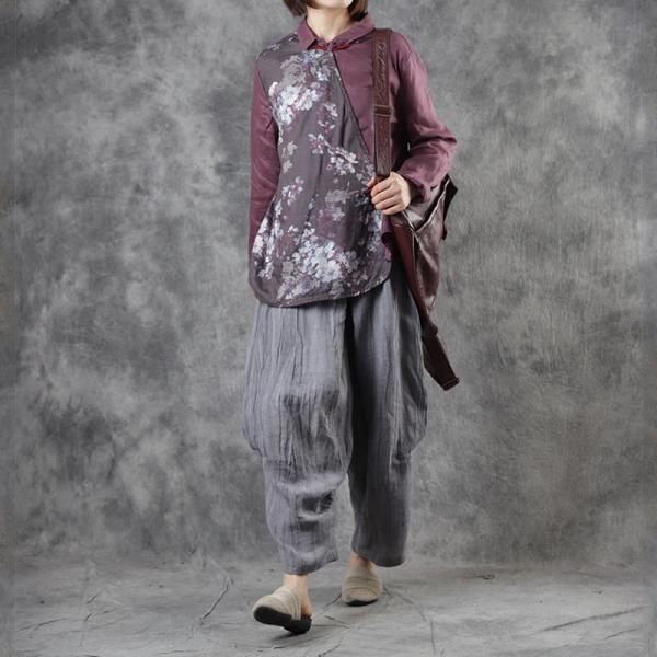 Senior Women Linen Purple Blouse Vintage Floral Chinese Clothes