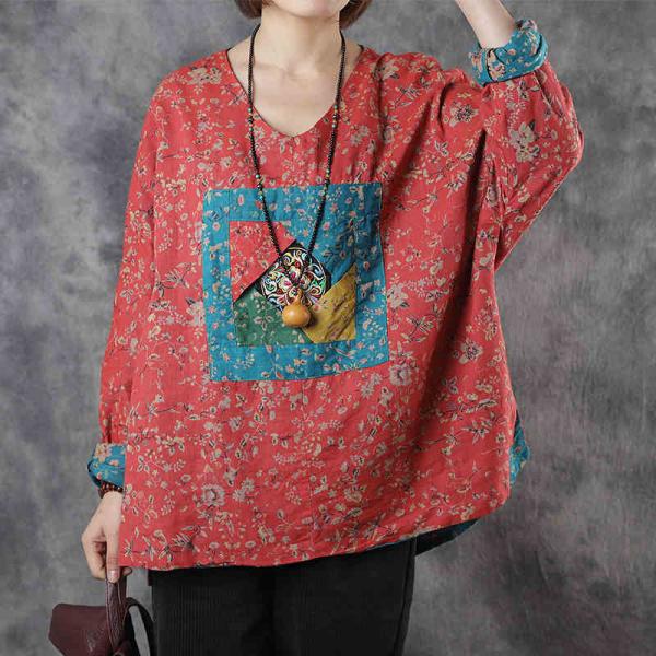 Folk Fashion Linen Embroidered Shirt Plus Size Floral Tunic Blouse