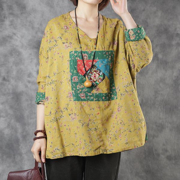 Floral Embroidery Linen Blouse Long Sleeve Large Resort Wear
