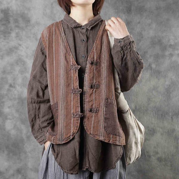 Cotton Linen Striped  Vest Chinese Buttons Brown Waistcoat for Women