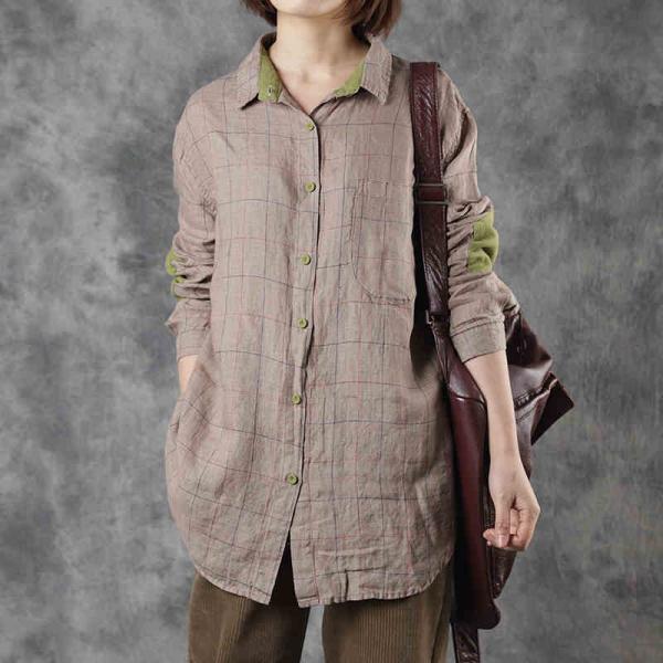 Green Patchwork Linen Checkered Blouse Long Sleeve Oversized Shirt