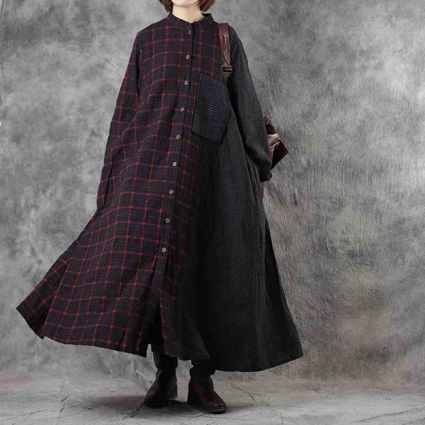 Big Pockets Linen Plaid Church Dress Loose Modest Clothes for Women