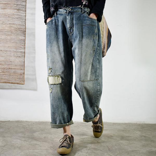 Relax-Fit Patchwork Ripped Jeans Straight Leg Korean Bootcuts
