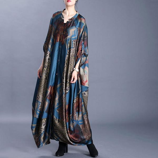 Senior Women Silk Blue Dress Printed Plus Size Tent Dress