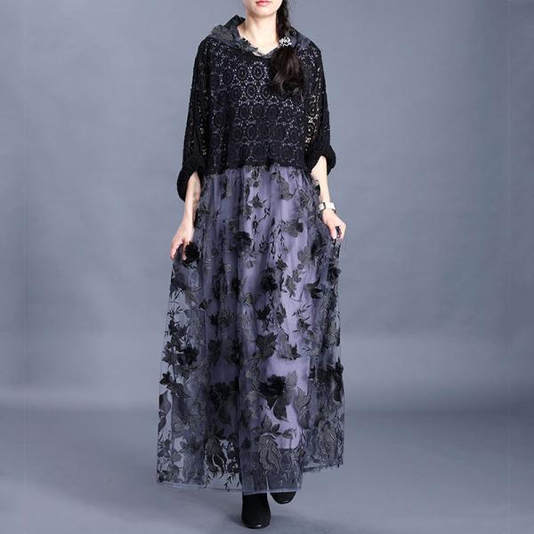 Applique Decoration Elegant Lace Dress Loose Maxi Hooded Dress