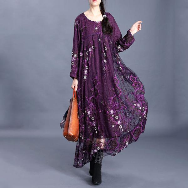 Floral Applique Lace Sheer Dress Long Sleeve Elegant Purple Dress