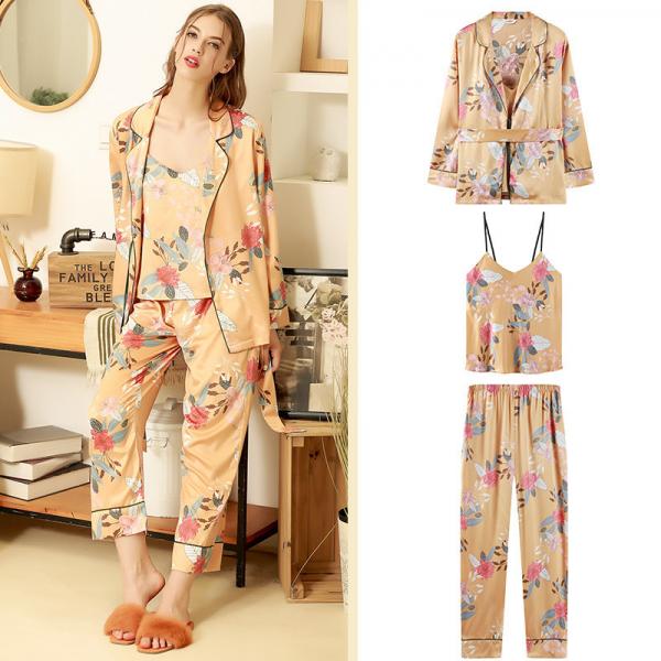 Flowers Printed Orange Sleepwear Womens Silky Belted Pajama Sets