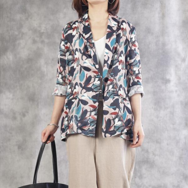 Office-Appropriate Linen Blazer Printed Qipao Knots Long Sleeve Blazer