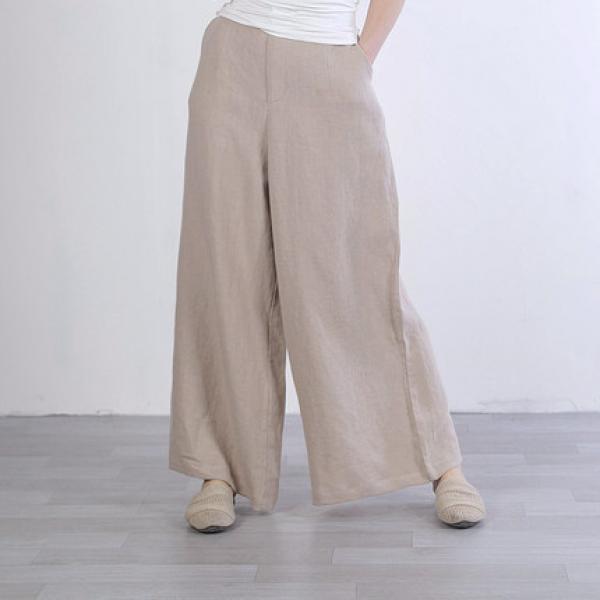 Organic Linen Khaki Pants Casual Summer Wide Leg Trousers