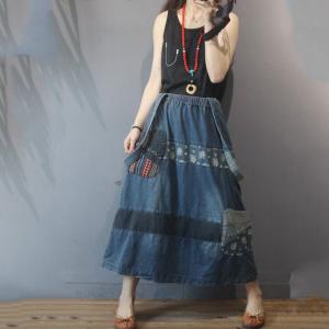Floral Patchwork Maxi Suspender Skirt Vintage Jean Skirt