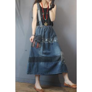 Floral Patchwork Maxi Suspender Skirt Vintage Jean Skirt