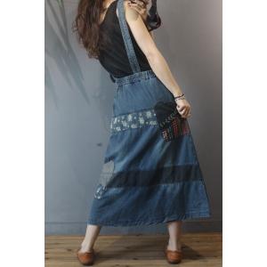 Floral Patchwork Maxi Suspender Skirt Vintage Jean Skirt