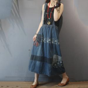 Floral Patchwork Maxi Suspender Skirt Vintage Jean Skirt