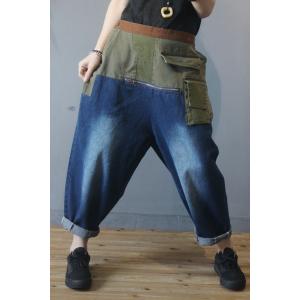 Green Contrast Flap Pockets Baggy Jeans for Women