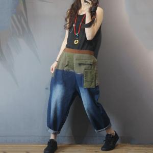 Green Contrast Flap Pockets Baggy Jeans for Women