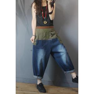 Green Contrast Flap Pockets Baggy Jeans for Women