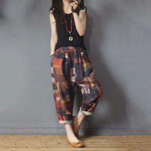 Summer Fashion Printed Loose Pants Cotton Linen Vintage Trousers