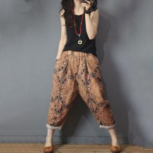 Summer Fashion Printed Loose Pants Cotton Linen Vintage Trousers