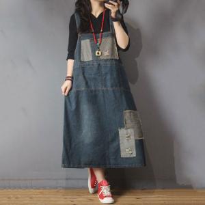 Cloth Patchwork Loose Denim Dress Ripped Korean Overall Dress