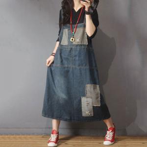 Cloth Patchwork Loose Denim Dress Ripped Korean Overall Dress