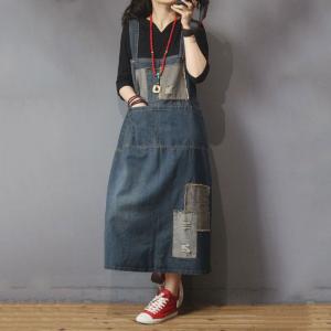 Cloth Patchwork Loose Denim Dress Ripped Korean Overall Dress