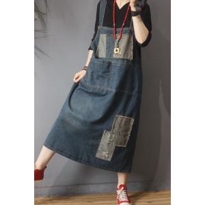 Cloth Patchwork Loose Denim Dress Ripped Korean Overall Dress