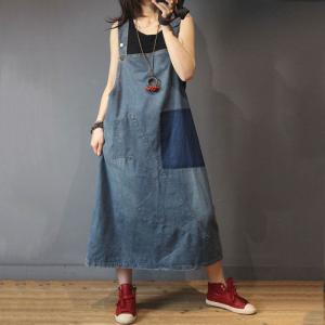 Casual Style Denim Patchwork Overall Dress