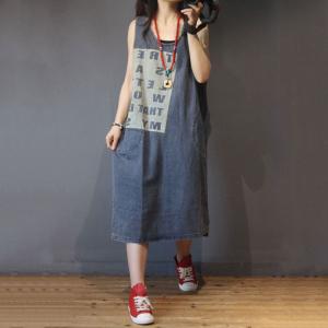 U-Neck Letter Pattern Sleeveless Dress Summer Denim Dress