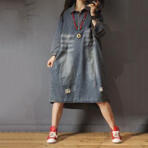 Color Fading Large Shirt Dress Denim Ripped Knee Length Dress