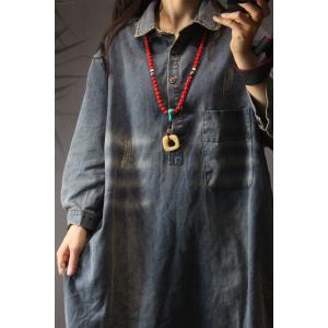 Color Fading Large Shirt Dress Denim Ripped Knee Length Dress