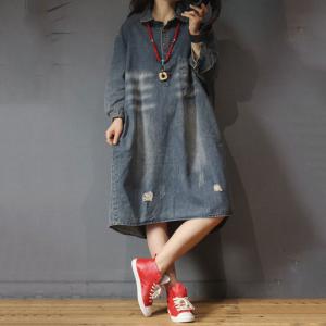 Color Fading Large Shirt Dress Denim Ripped Knee Length Dress