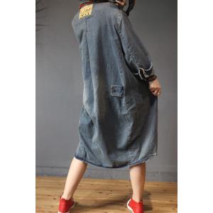 Color Fading Large Shirt Dress Denim Ripped Knee Length Dress